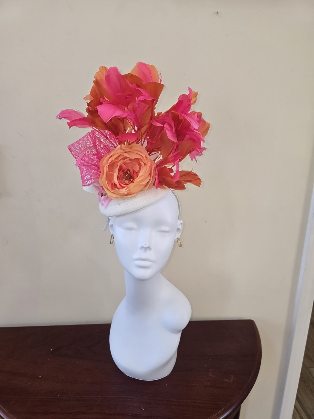 Pink & Orange Floral Feather Fascinator Derby Hat